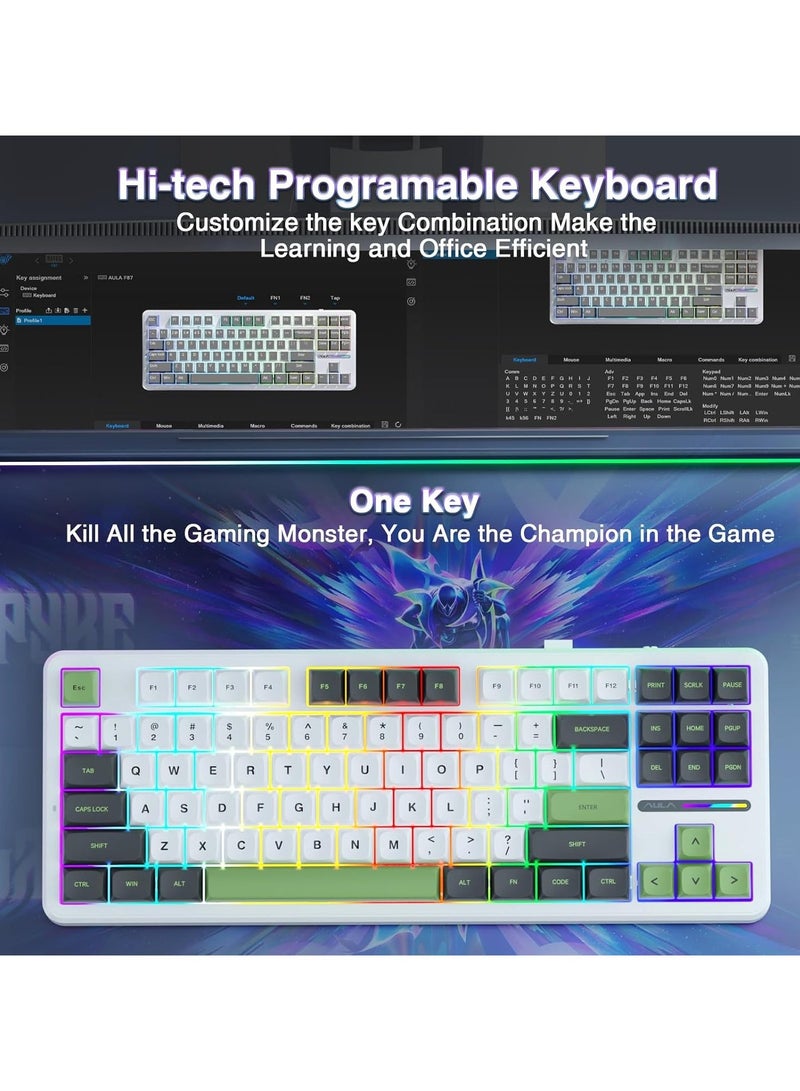 AULA F87 PRO لوحة مفاتيح ميكانيكية لاسلكية، 80% TKL لوحة مفاتيح قابلة للتبديل مخصصة، لوحة مفاتيح للألعاب بتصميم Gasket Mount مع مفاتيح PBT، مفتاح Greenwood V4 مشحم مسبقًا، 2.4GHz/USB-C/BT5.0 لوحة مفاتيح ميكانيكية بإضاءة خلفية RGB - Image 5